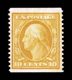 356, 10c Yellow coil, perf. 12 vert., an unusually fresh and clean mint example of this coil rarity, possessing an exceptional overall freshness and brilliance, with truly
eye-arresting vibrant color characteristic only to genuine examples, unus