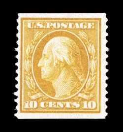 356, 10c Yellow coil, perf. 12 vert., handsome mint single of this rare coil, strong vivid color and impression, quite well centered, o.g., relatively lightly hinged, very fine
1982 PF certificate.