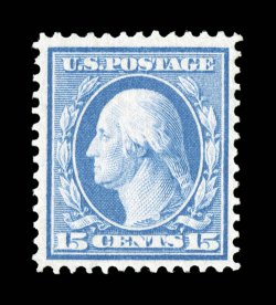 366, 15c Pale ultramarine on bluish paper, a brilliant post office fresh mint example, possessing a marvelous overall crispness, prooflike color and impression on immaculate
paper, well centered, pristine o.g., never hinged, very fine and quit