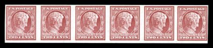 368H, 2c Lincoln imperforate coil, horizontal format, very scarce strip of six, quite fresh, rich color, nicely margined, o.g., n.h., some natural vertical gum bends (far right
stamp with much heavier bendscreases), overall very fine.