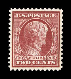 369, 2c Lincoln on bluish paper, a highly desirable mint example, featuring extraordinary centering amid large balanced margins, rich color, immaculate o.g., n.h., extremely
fine actually a very scarce stamp in this premium quality 1998 PSE ce