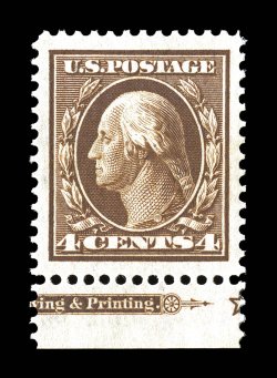 377, 4c Brown, an extraordinarily choice bottom sheet-margin partial imprint single, featuring flawless centering amid gigantic jumbo margins, plus its color is especially rich
and its impression prooflike, even its perforations are out of the o