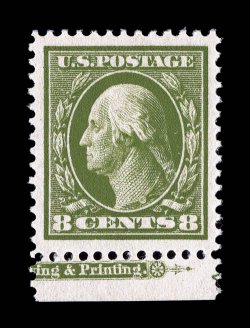380, 8c Olive green, a beautiful bottom margin partial imprint single, featuring virtually perfect centering amid extraordinarily large margins, plus its color is especially
strong and rich, while its impression is superbly detailed on brilliant