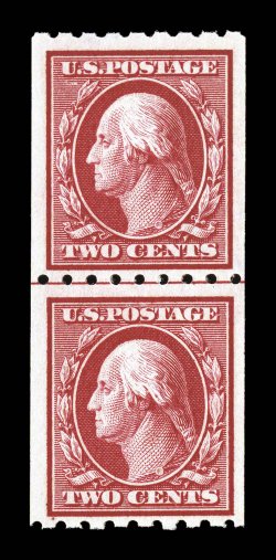391, 2c Carmine coil, perf. 8 12 horiz., guide line pair, intense color and impression, nicely centered, pristine o.g., n.h., very fine 2002 PF certificate.