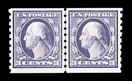 394, 3c Deep violet coil, perf. 8 12 vert., brilliant post office fresh guide line pair, gorgeous rich color and a crisp detailed impression on immaculate paper, exceptionally
well centered within large margins, unblemished o.g., n.h., choice