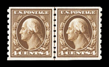 395, 4c Brown coil, perf. 8 12 vert., guide line pair, an incredibly choice example of this elusive line pair, prooflike color and impression, exceptionally well centered,
o.g., n.h., extremely fine a rare line pair never hinged, particularly