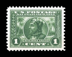 397, 1c Panama-Pacific, a magnificent mint example that is perfectly centered amid especially large margins, in addition it possesses beautiful rich color and an outstanding
impression, pristine o.g., n.h., an extremely fine gem for the most dem
