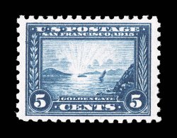 403, 5c Panama-Pacific, perf. 10, excellent centering, wide margins, beautiful rich color and a vivid impression on brilliantly white paper, o.g., n.h., extremely fine 1997 PF
certificate.