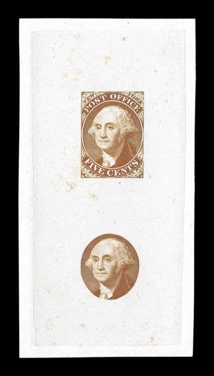 9X1TC1, New York, N.Y. Postmaster Provisional, Orange vermilion large trial color proof on India mounted on thin glazed card, dot in P variety, card measuring 58x112mm, rich
color, a few light toned spots, otherwise very fine.