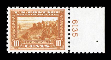 404, 10c Panama-Pacific, perf. 10, right margin plate no. 6135 single, especially well centered within large margins, deep vibrant color and an excellent clarity of impression,
o.g., n.h., extremely fine.