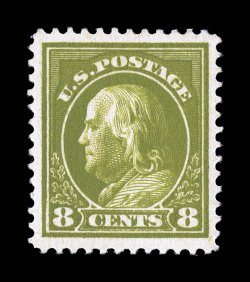 414, 8c Pale olive green, uncharacteristically well centered within large margins, deep intense color and impression, o.g., n.h., extremely fine 2007 PSE certificate (XF 90 SMQ
$355.00).