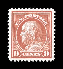 415, 9c Salmon red, wonderfully well centered within large margins, bright color, o.g., n.h., current certificate mentions a light perf. disc indentation, extremely fine clear
1993 PF certificate and a 2008 PSE certificate.