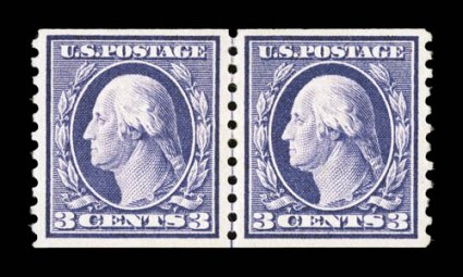 445, 3c Violet flat plate coil, perf. 10 vert., guide line pair, sumptuously rich color and a deeply etched impression, well centered, o.g., very fine a choice example of this
rare line pair 2000 PF certificate.