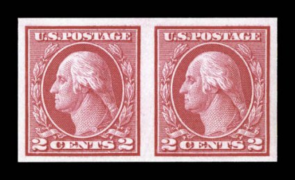 459, 2c Carmine imperforate coil, pair, large margins all around, brilliantly fresh, unblemished o.g., n.h., extremely fine 2001 PF certificate.