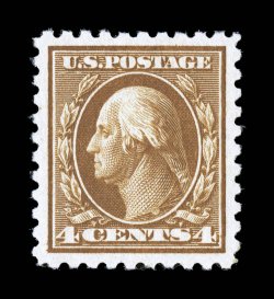465, 4c Orange brown, a magnificent mint single, possessing several impressive attributes, including being incredibly well centered amid exceptionally large margins,
wonderfully rich color on fresh white paper, immaculate o.g., n.h., an extremel