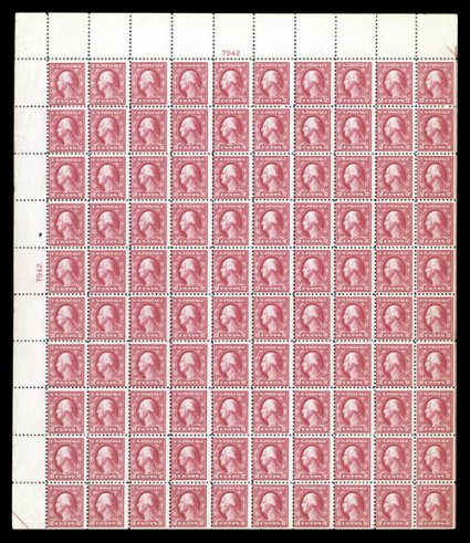 467, 5c Carmine error, double error in full top left plate no. 7942 sheet of 100, centered just into the left frame line, rich rose color, o.g., four 2c stamps (not affecting
the block of twelve) with slight thins and a few perf. separations, on