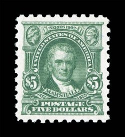 480, $5.00 Light green, flawlessly centered within large balanced margins, lovely rich color and a crisp impression, o.g., lightly hinged, extremely fine gem 2008 PSE
certificate (Superb 98 SMQ $700.00) the highest grade the PSE has assigne