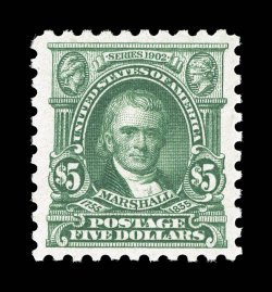 480, $5.00 Light green, uncommonly well centered and margined, strong rich color and a crisp impression, o.g., n.h., extremely fine 2008 PSE certificate (XF 90 SMQ
$850.00).