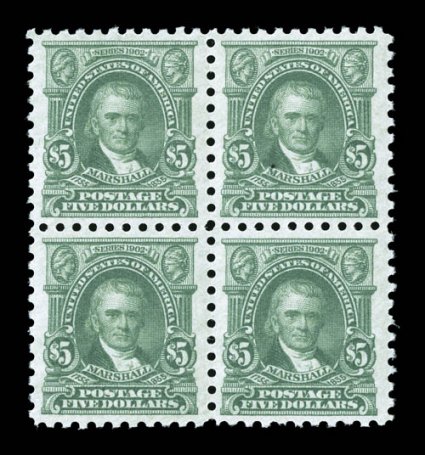 480, $5.00 Light green, mint block of four, well centered and margined, rich color, o.g., faintly hinged, top right stamp with small inclusion speck, choice very
fine.