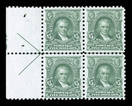 480, $5.00 Light green, left margin arrow block of four, well centered, strong rich color, o.g., top right stamp lightly hinged, other three never hinged, very fine-extremely
fine cataloged as four singles.