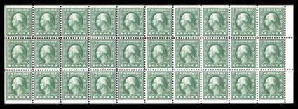 498f, 1c Green A.E.F. booklet pane of thirty, guide line at left, marvelously well centered and margined throughout, deep rich color, o.g., h.r. on a couple of stamps, very
fine and choice 2002 PF certificate.