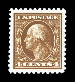 503, 4c Brown, a superlative mint example, sporting extravagantly large margins all around and being precisely centered within them, gorgeous color and a superbly detailed
impression, o.g., n.h., an extremely fine gem for the most fastidious col
