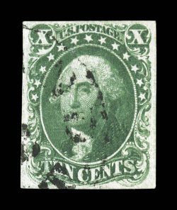 13, 10c Green, Ty. I, used, full balanced margins all around, deep rich color, light c.d.s. cancel, very fine 1983 PF certificate.