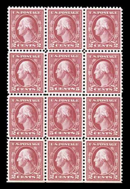 505, 5c Rose error, double error in a block of twelve, a marvelous example of this popular error block, being in a quality that is rarely encountered, with both error stamps
extraordinarily well centered and margined, wonderfully bright and fres