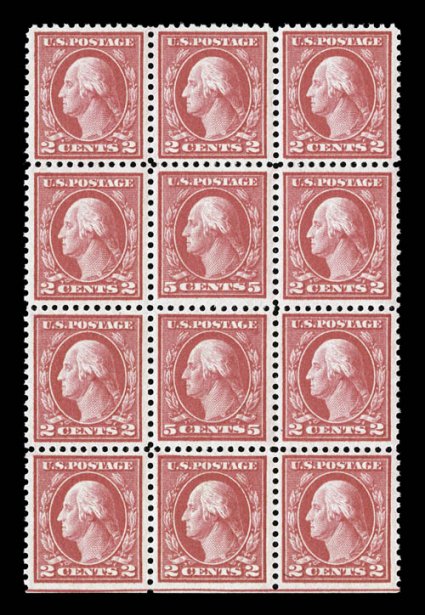 505, 5c Rose error, double error in a block of twelve, unusually well centered, strong rich color, pristine o.g., n.h., very fine-extremely fine.