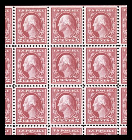 505, 5c Rose error, single error in a block of nine, with the adjoining ten stamps neatly and even cut to enhance the blocks eye appeal, error is well centered and margined,
bright color, o.g., n.h., very fine.