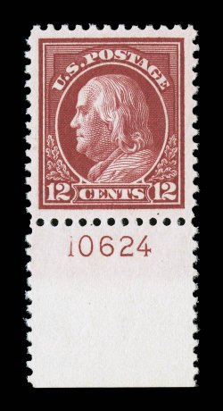 512a, 12c Brown carmine, bottom margin plate no. 10624 single, exceptionally well centered within extra-large margins, brilliant color in the Brown carmine shade, o.g., n.h.,
extremely fine 2008 PSE certificate (XF-Superb 95 Jumbo SMQ $285.00