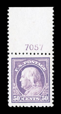 517, 50c Red violet, top margin plate no. 7057 single, flawlessly centered amid huge margins, especially fresh color and paper, o.g., lightly hinged, extremely fine 2007 PSE
certificate (Superb 98 Jumbo SMQ $440.00 for 98).