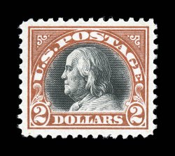 523, $2.00 Orange red and black, premium quality mint single that is particularly well centered amid much larger margins than normally encountered, rich bright colors, o.g.,
n.h., extremely fine.