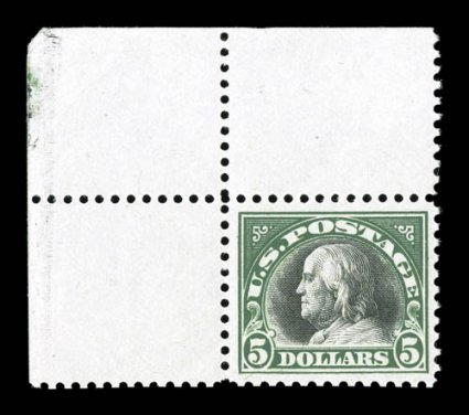 524, $5.00 Deep green and black, handsome top left corner sheet-margin mint single, wonderfully fresh, deep rich colors, well centered, o.g., n.h., very fine and choice 2001 PF
certificate.