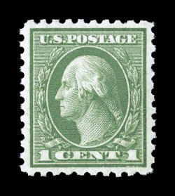 543, 1c Green coil waste, perf. 10, perfectly centered within impressively large margins, bright color and crisp impression, o.g., n.h., an extremely fine gem 2008 PSE
certificate (Superb 98 SMQ $240.00) this is the highest grade awarded to