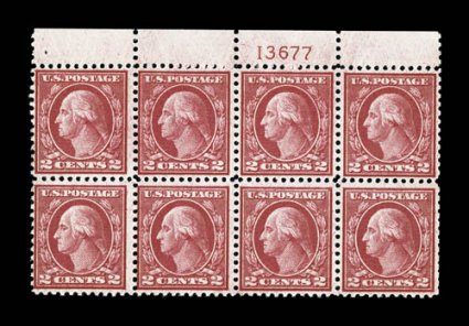 546, 2c Carmine coil waste, top margin plate no. 13677 block of eight, deep color, nicely centered for a coil waste stamp, o.g., never hinged except superfluous bottom left
stamp hinged (and may have a tiny thin speck), fine-very fine especiall