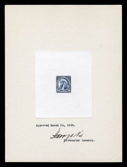 565P1, 14c Dark blue, large die proof on India, die sunk on 152x203mm card, with control number 1208112 on back, signed and dated by Postmaster Harry New, trivial mounting
crease at bottom right, otherwise a very fresh and extremely fine example