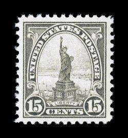 566, 15c Gray, extraordinarily well centered within uncharacteristically wide margins, strong fresh color, o.g., n.h., extremely fine gem 2008 PSE certificate (Superb 98 SMQ
$1,300.00).