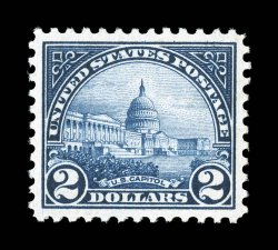 572, $2.00 Deep blue, gem mint single, with perfectly balanced margins all around, deep luxuriant color and an especially intense impression on pristine white paper, o.g.,
n.h., extremely fine 2008 PSE certificate (Superb 98 SMQ $2,150.00).