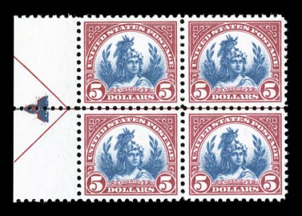 573, $5.00 Carmine and blue, left margin arrow block of four, exceptionally well centered, brilliantly fresh, o.g., n.h., extremely fine cataloged as four
singles.