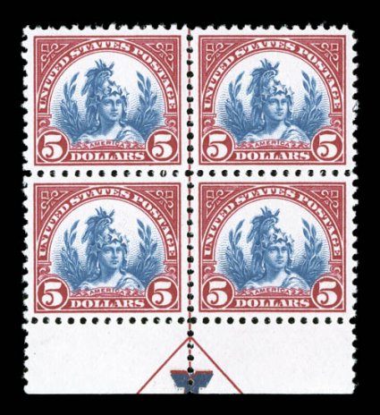 573, $5.00 Carmine and blue, bottom margin arrow block of four, wonderfully well centered, beautiful vibrant colors, o.g., n.h., top right stamp with tiny ink mark on gum,
extremely fine cataloged as four singles.