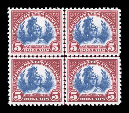 573, $5.00 Carmine and blue, center line block of four, excellent centering, rich vibrant colors, o.g., n.h., extremely fine a particularly handsome center line block 1999 APS
certificate.