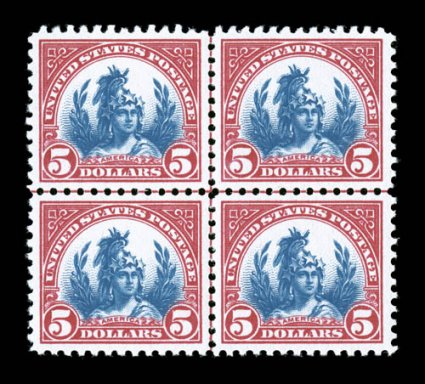 573, $5.00 Carmine and blue, highly select center line block of four, exceedingly well centered, especially vibrant colors on bright white paper, o.g., n.h., extremely
fine.