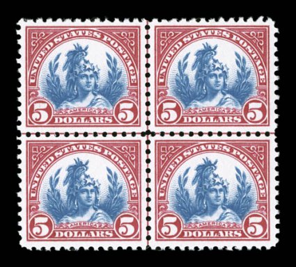 573, $5.00 Carmine and blue, center line block of four, especially bright and fresh, nicely centered, o.g., n.h., trivial fingerprint on top left stamp, choice very
fine.