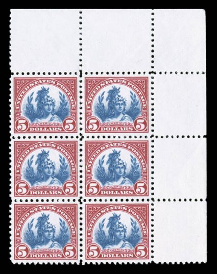 573, $5.00 Carmine and blue, top left corner margin block of six (2x3), extraordinarily well centered, radiant colors on pristine white paper, o.g., n.h., extremely
fine.