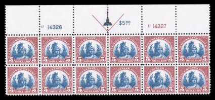 573, $5.00 Carmine and blue, handsome top margin arrow and plate nos. F14326, F14327 block of twelve, incredibly well centered throughout the multiple, beautiful colors that
are exceedingly bright and rich, o.g., all stamps never hinged, faintly