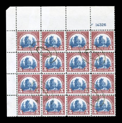 573, $5.00 Carmine and blue, group of fourteen used blocks ranging in size from four (eight) to 25, and also includes a block of sixteen with one plate number, we note one
arrow block and one center line blocks, two block have perfins, most with
