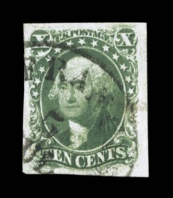 15, 10c Green, Ty. III, used, large to extra-large margins all around, strong color and impression, San Francisco c.d.s., extremely fine 2008 PSE certificate (XF 90 SMQ
$415.00).