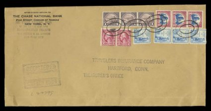 573, $5.00 Carmine and blue, two large sized registered covers, one 1934 from Chase National Bank in New York, with strip of three plus other values to make up $18.24, other
from The Philadelphia National Bank has a block of ten plus a meter for