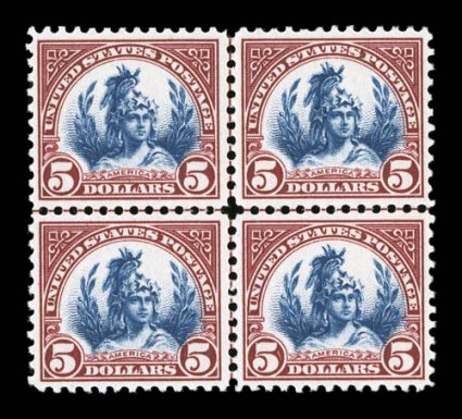 573a, $5.00 Carmine lake and dark blue, center line block of four, rich luxuriant colors in these distinctive shades, well centered, o.g., n.h., minor natural gum inclusion on
top left stamp, very fine.